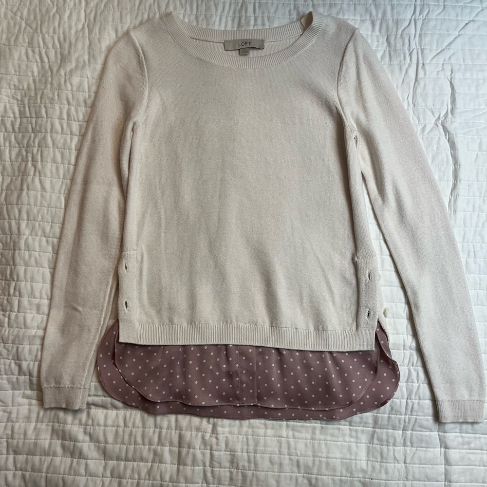 Ann Taylor Loft Womens Sweater Ivory Polk Polka Dot Trim Scoop Neck